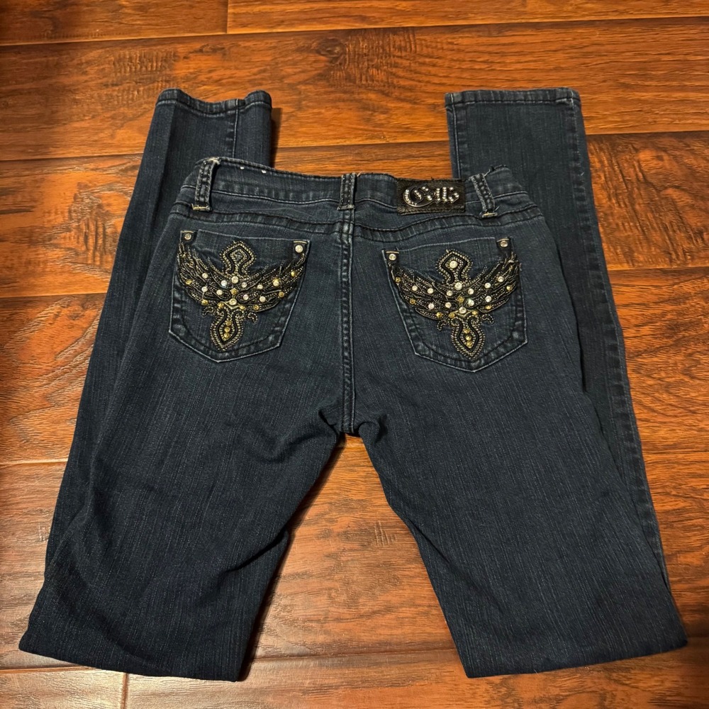 Y2K Cyber Grunge Women Size 5 Cello Jeans Wing Cross Embellished Skinny Dark